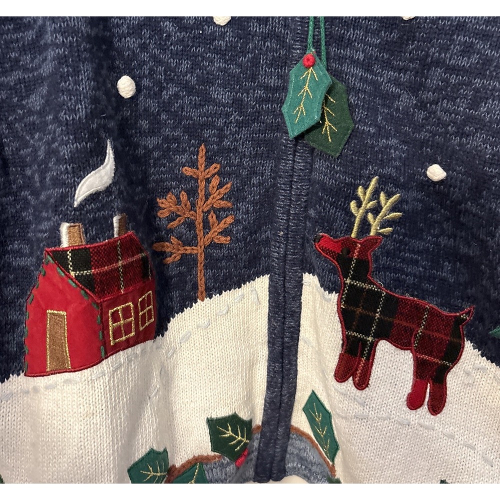 Vintage Christmas Cardigan Sweater, Women's Large Blue Full Zip Ugly Sweater - Picture 2 of 4